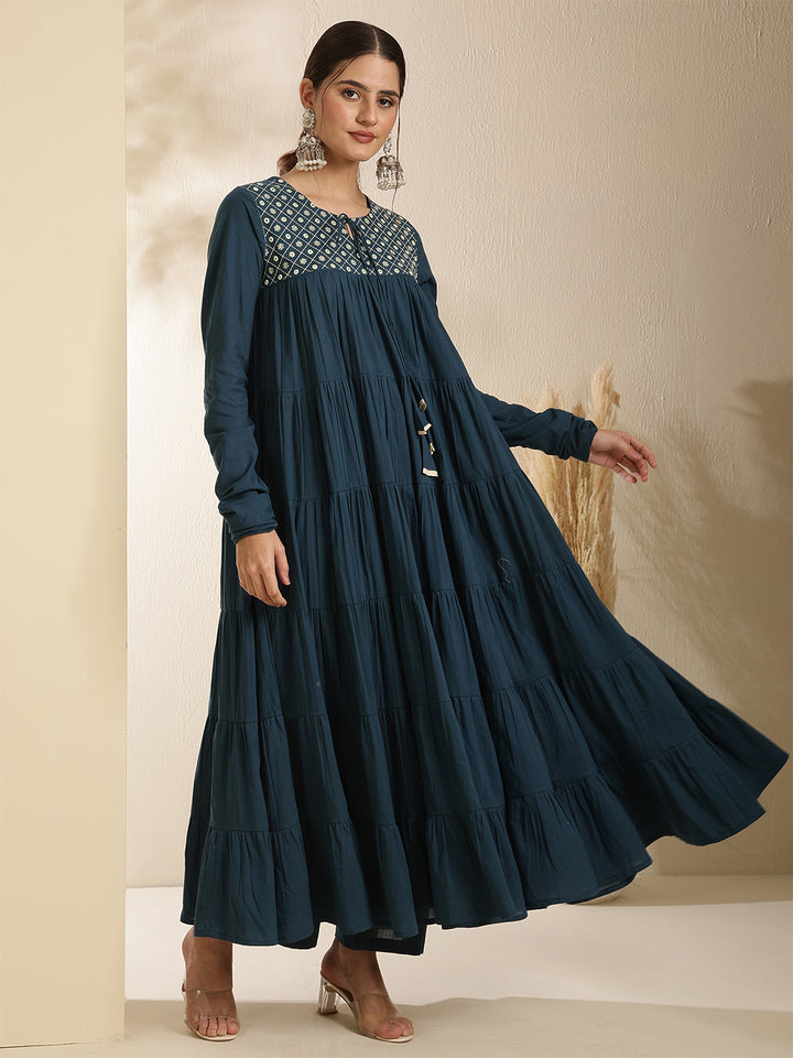 Cotton Calf Length Printed Full Sleeve Key Hole Neck Tiered Kurta Bottom With Dupatta