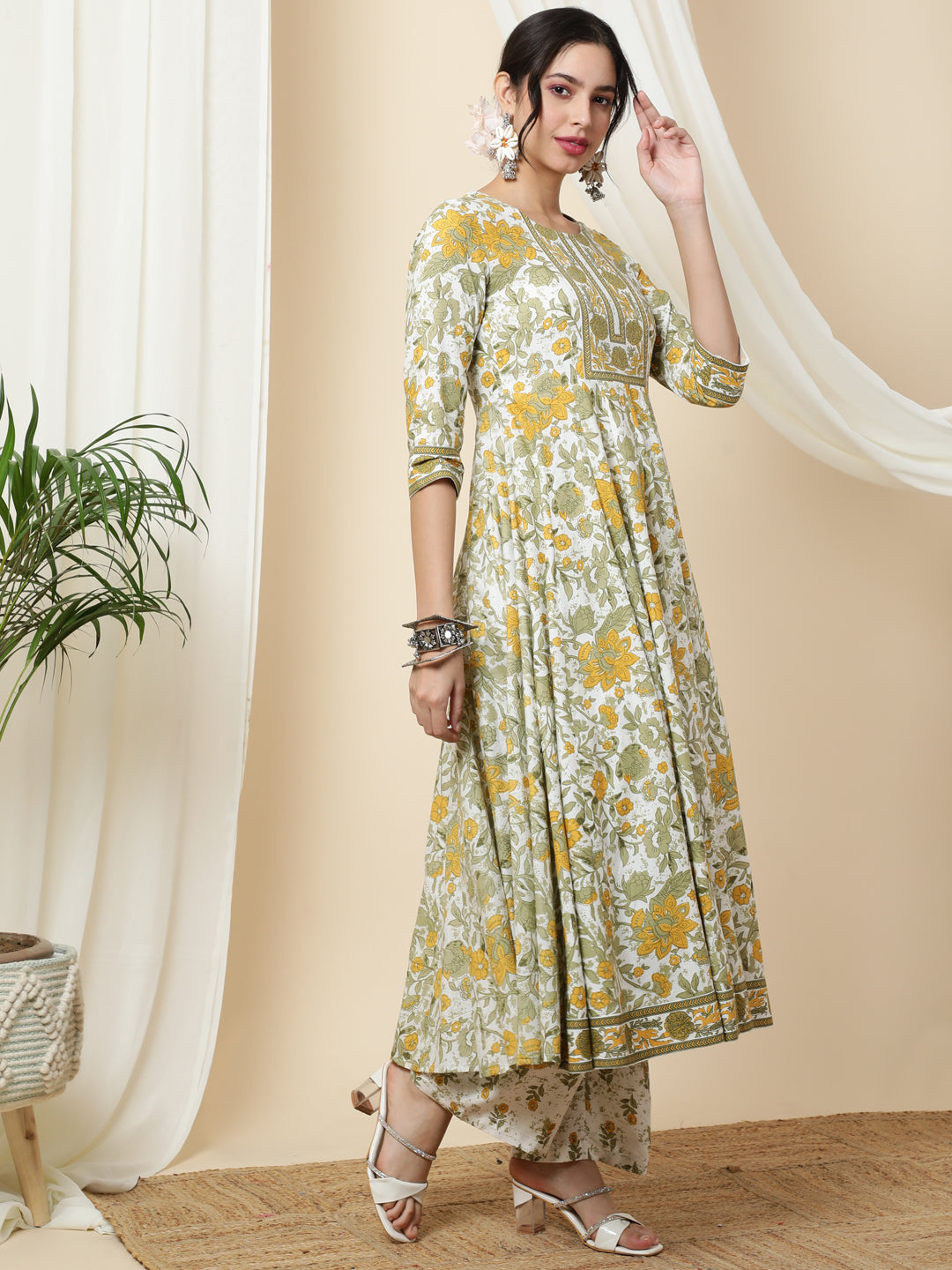 Cotton  Calf Length Printed Flared 3/4 Sleeves Round Kurta Bottom Dupatta Set