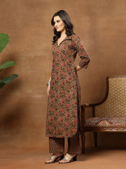 Straight Printed Cotton Shirt Collar Kurta Set