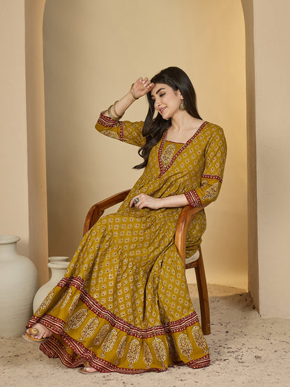 Cotton Ankle Length Printed 3/4 Sleeves V-Neck Anarkali Kurta