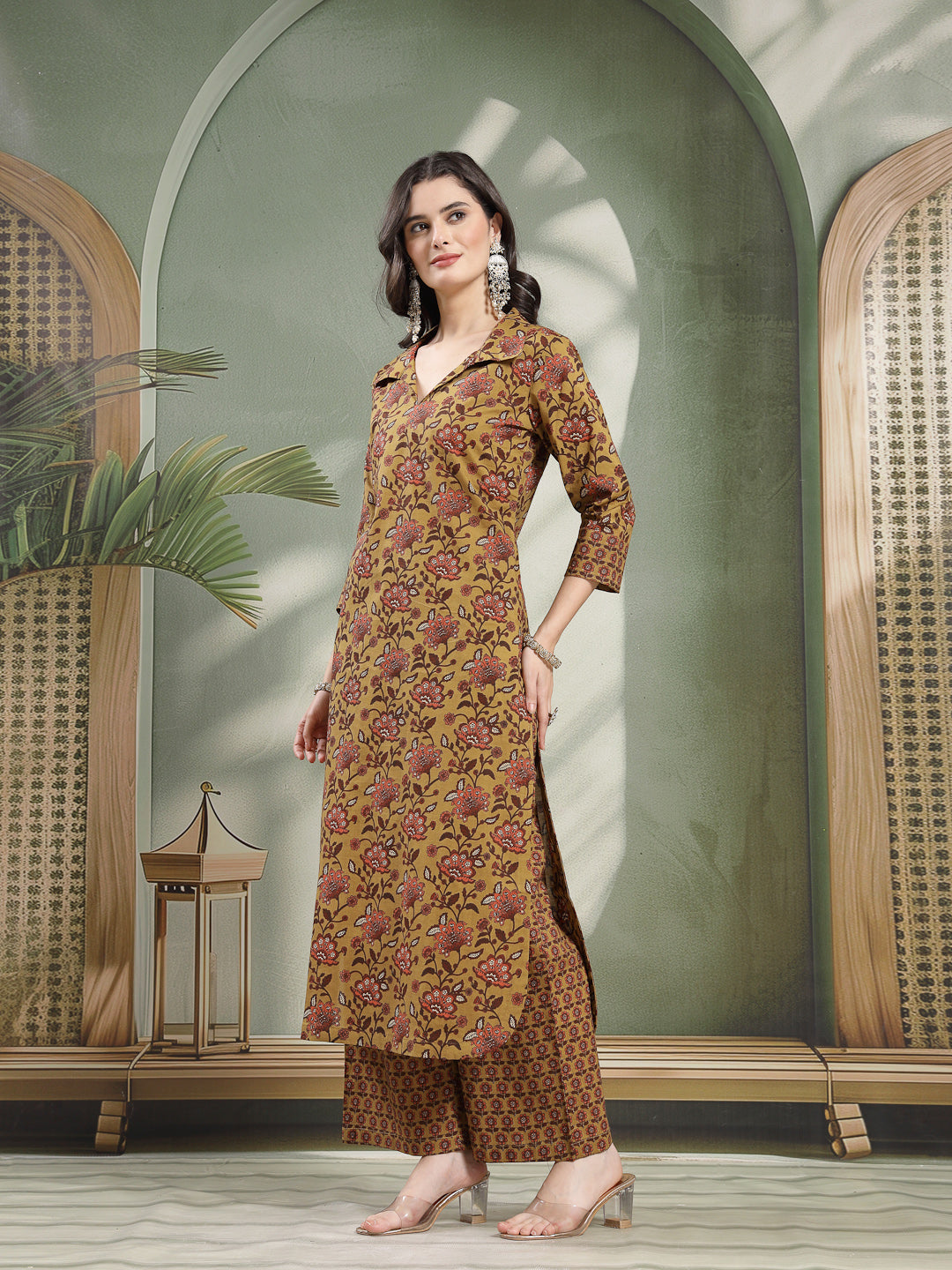 Straight Printed Cotton Shirt Collar Kurta Set