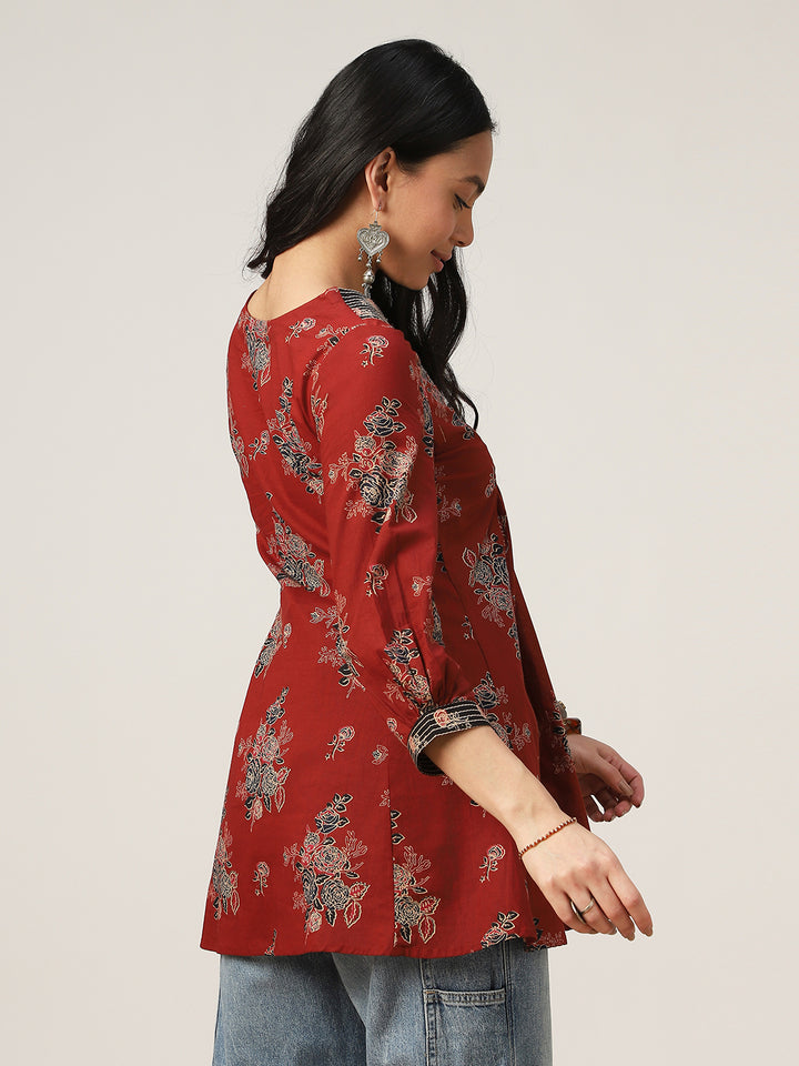 Flared Printed Cotton V-Neck Top
