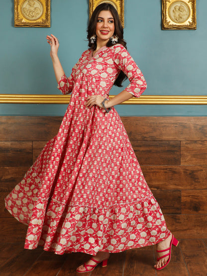 Cotton Ankle Length Printed Flared 3/4 Sleeves V-neck Kurta (Preorder)