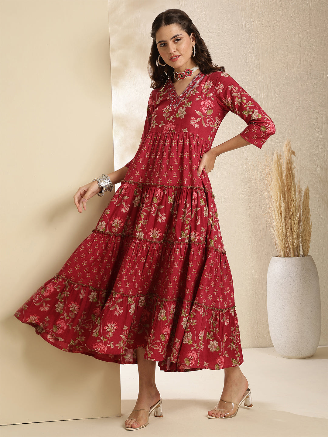 Cotton Calf Length Printed 3/4 Sleeve V-Neck Anarkali Kurta