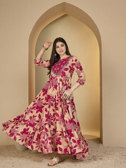 Cotton Ankle Length Printed 3/4 Sleeves Sweetheart Neck Anarkali Kurta
