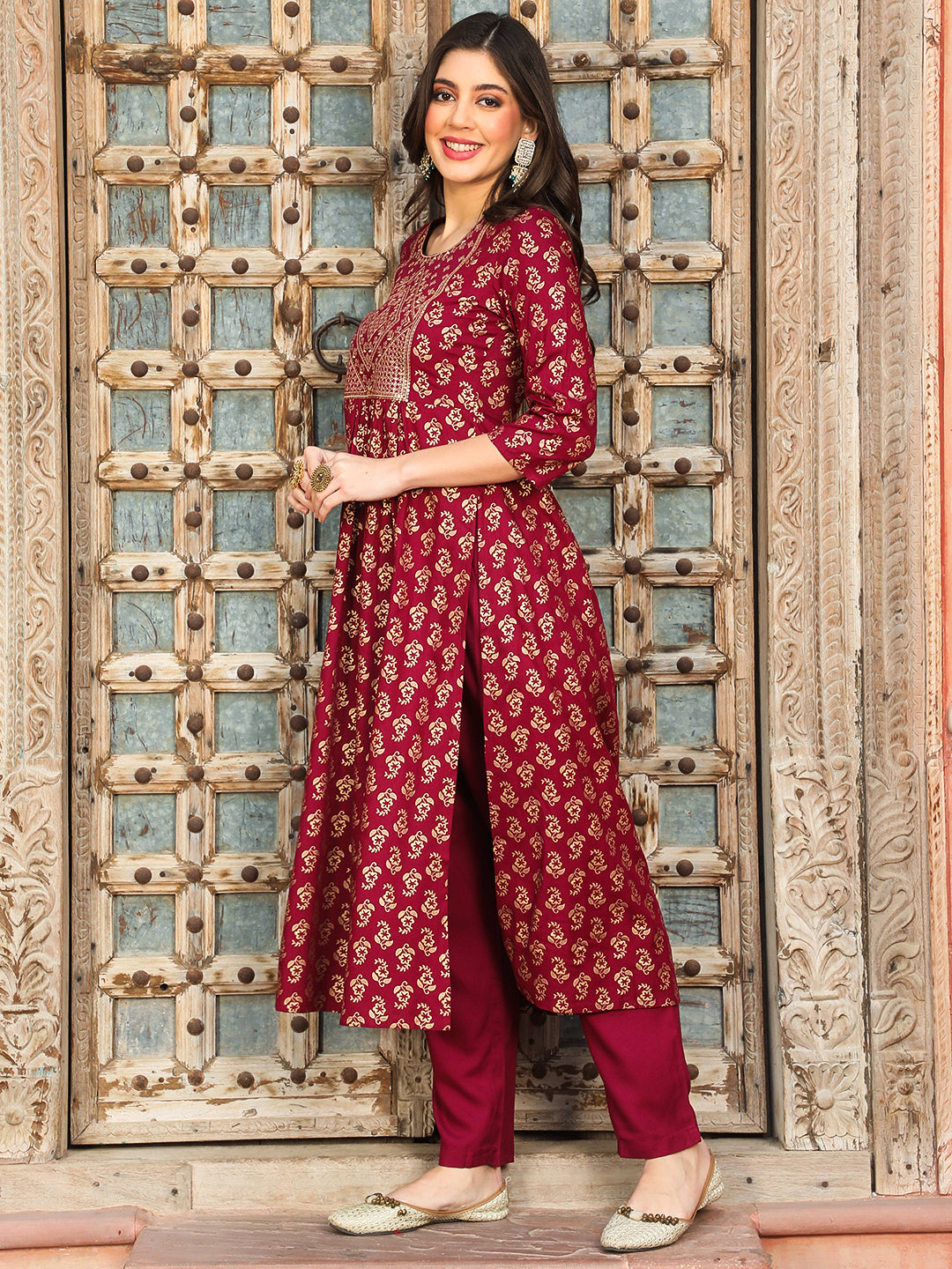 Rayon Calf Length Printed Flared 3/4 Sleeves Round Neck Kurta Bottom Dupatta Set