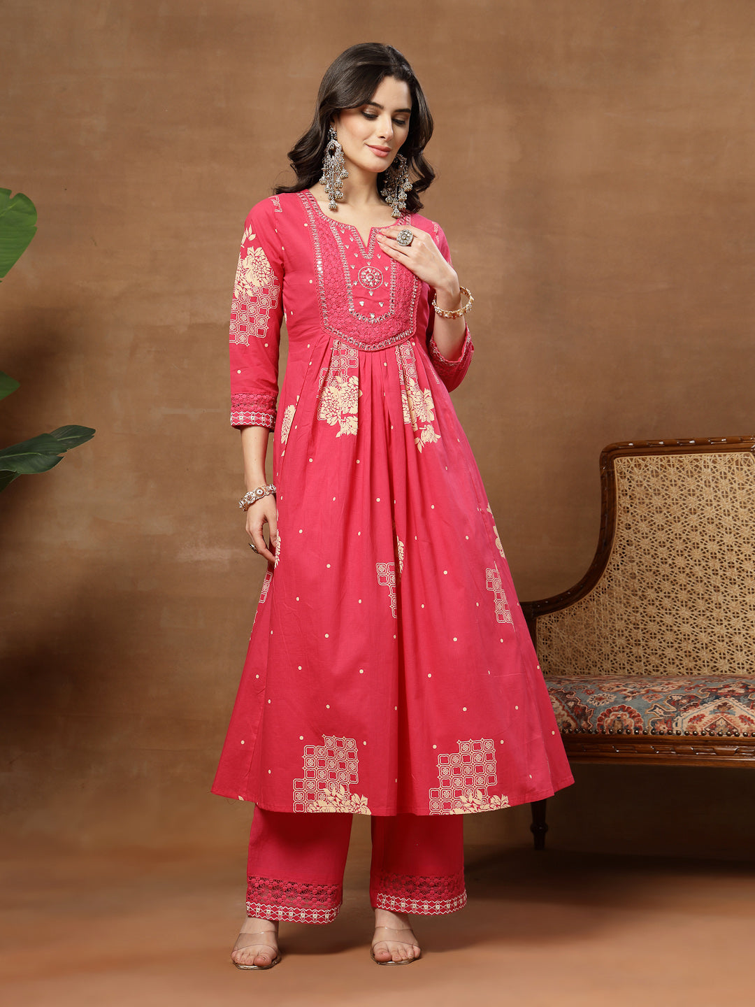 Flared Printed Cotton Round Neck Kurta Set With Dupatta