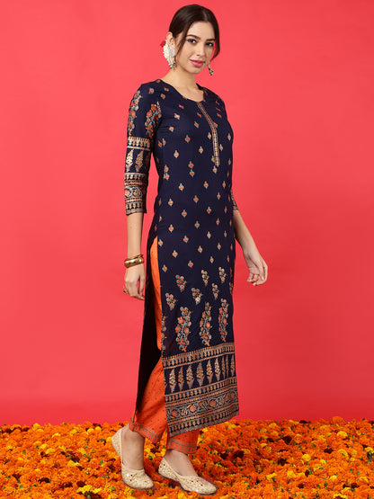 Rayon  Calf Length Printed Straight 3/4 Sleeves Round Kurta Bottom Dupatta Set