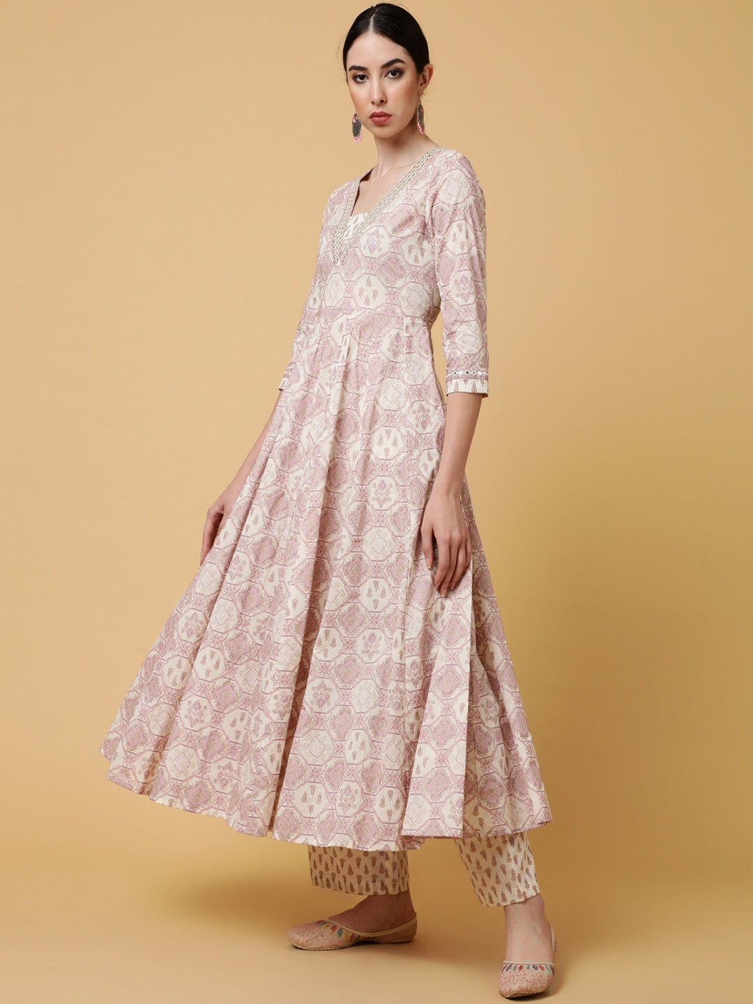 Cotton Calf Length Printed Flared 3/4 Sleeves V-Neck Kurta Bottom Dupatta Set