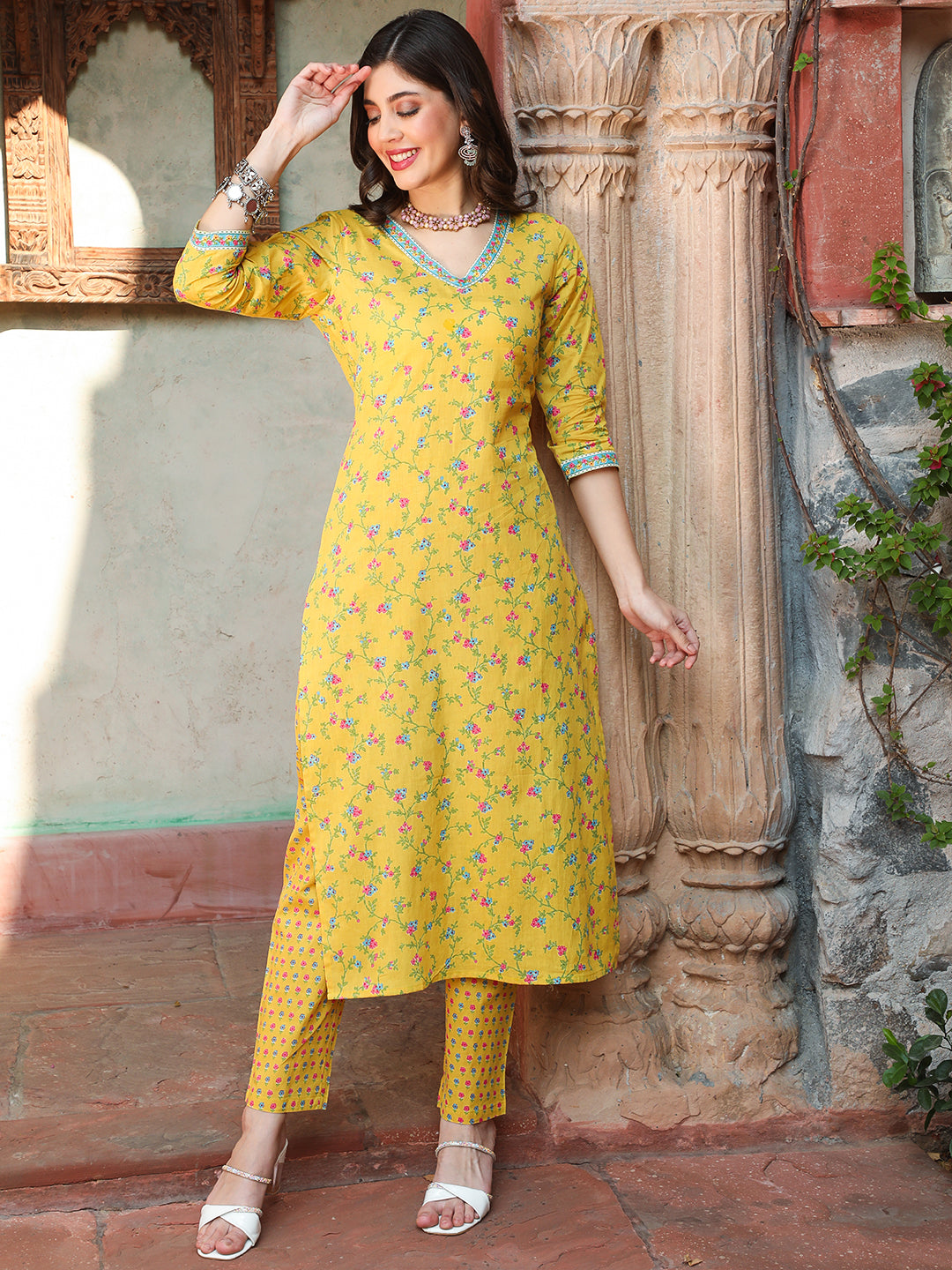 Cotton Calf Length Printed Straight 3/4 Sleeves V-neck Kurta Bottom Dupatta Set