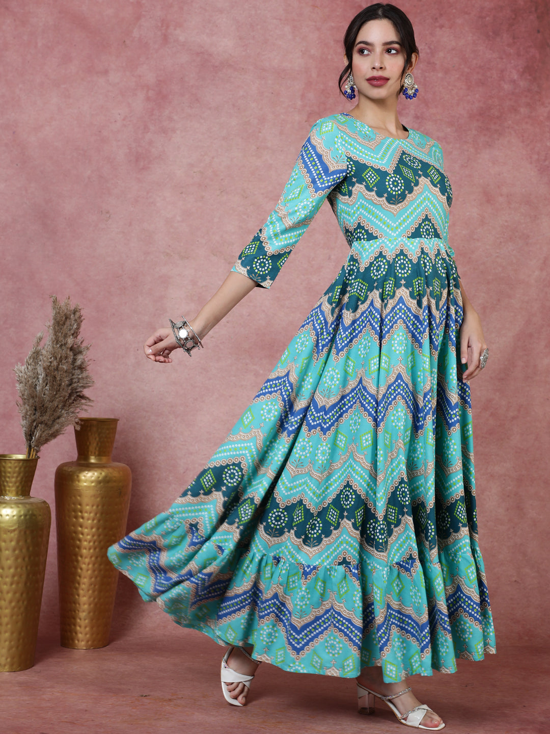 Rayon  Ankle Length Printed Flared 3/4 Sleeves Round Kurta