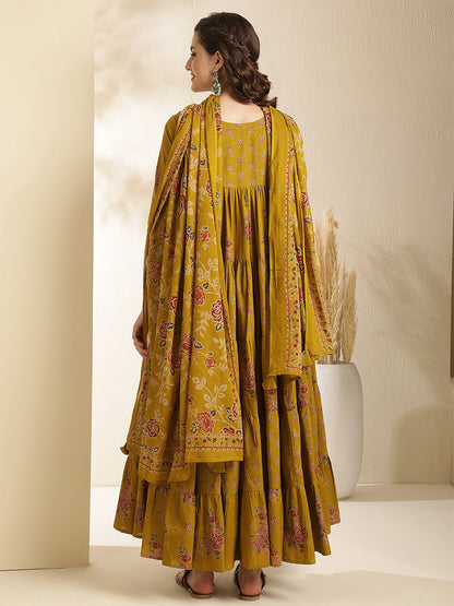 Cotton Calf Length Printed 3/4 Sleeve Key Hole Neck Tired Kurta Bottom With Dupatta (Preorder)