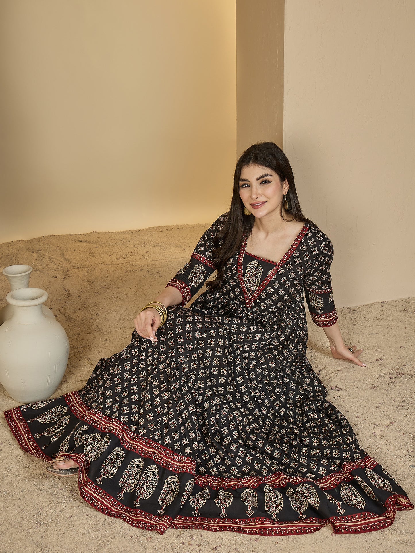 Cotton Ankle Length Printed 3/4 Sleeves V-Neck Anarkali Kurta