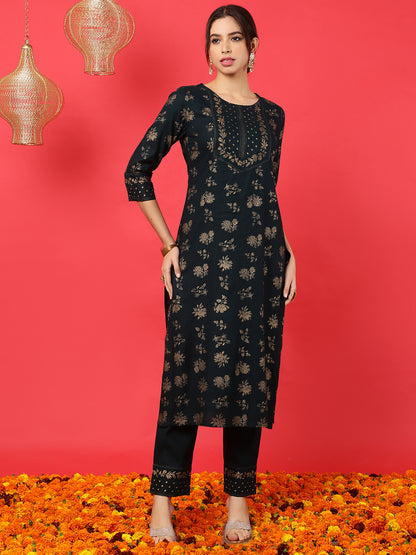Rayon Calf Length Printed Straight 3/4 Sleeves Round Neck Kurta Bottom Dupatta Set
