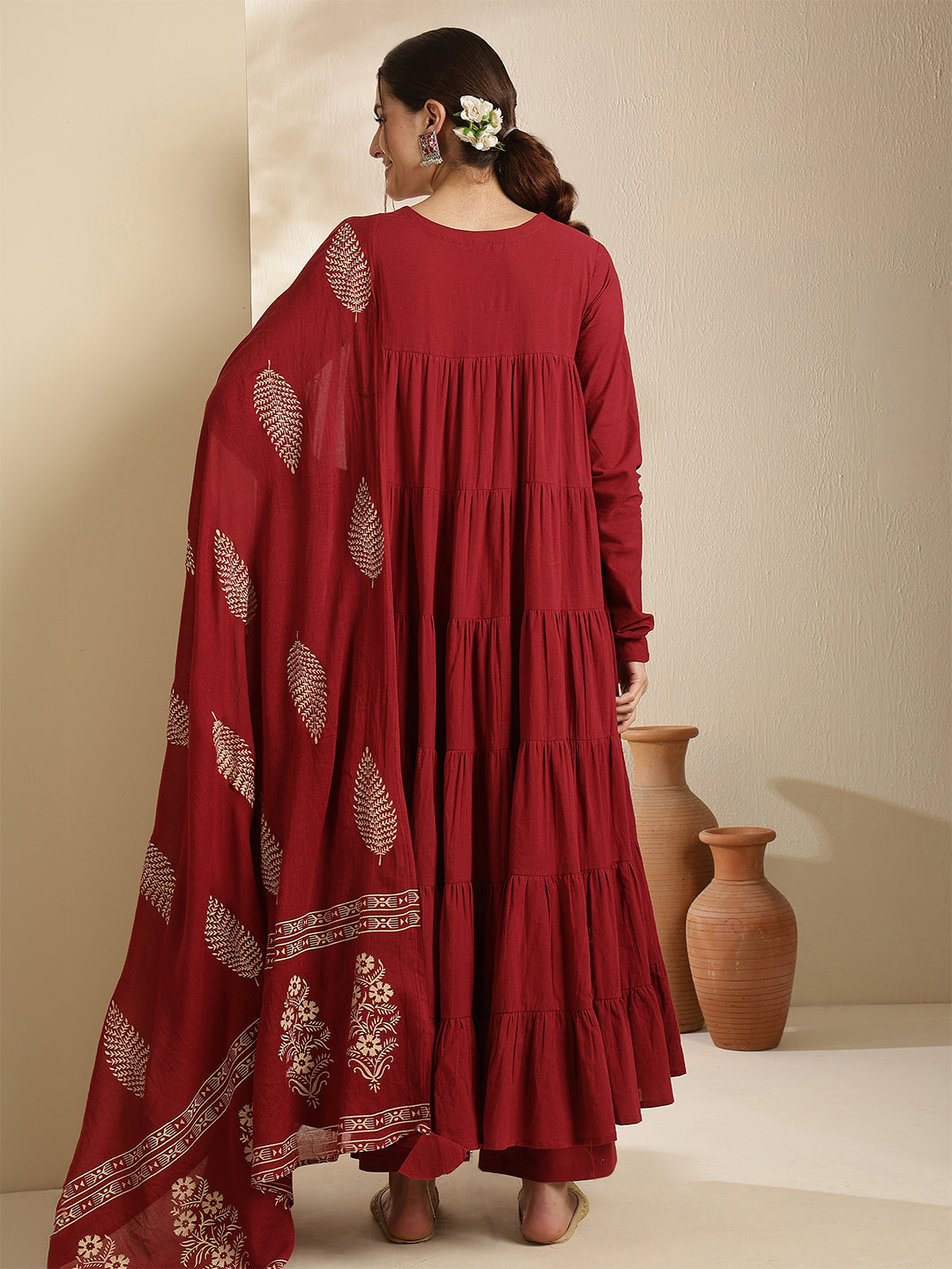 Cotton Calf Length Printed Full Sleeve Key Hole Neck Tiered Kurta Bottom With Dupatta
