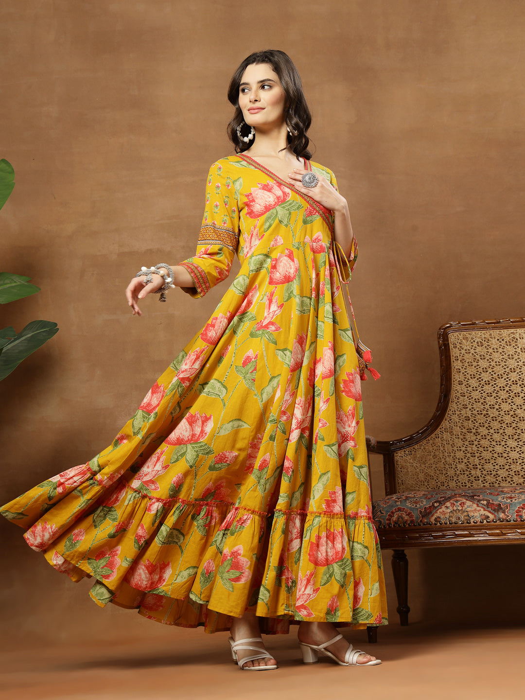 Flared Printed Cotton V-Neck Dress