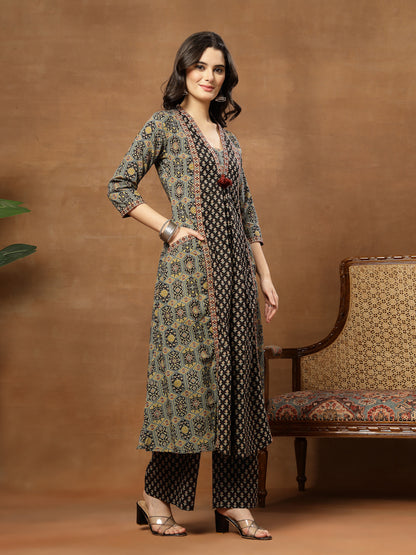 A-Line Printed Cotton V-Neck Kurta Set
