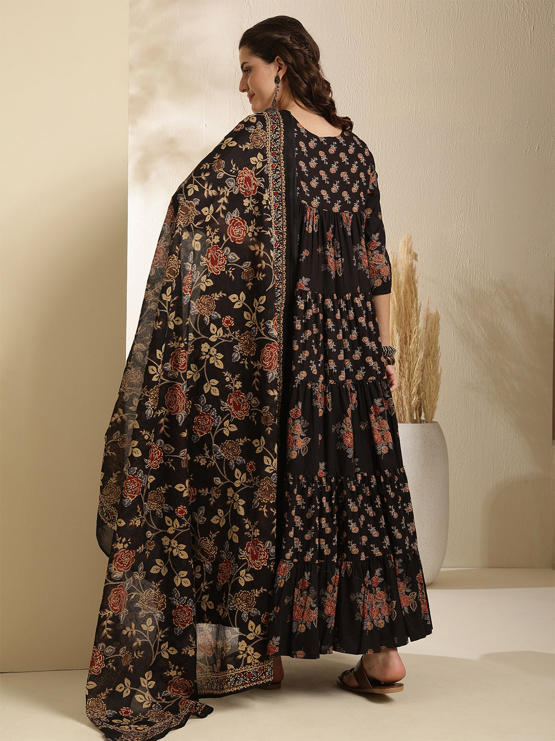 Cotton Calf Length Printed 3/4 Sleeve Key Hole Neck Tiered Kurta Bottom With Dupatta