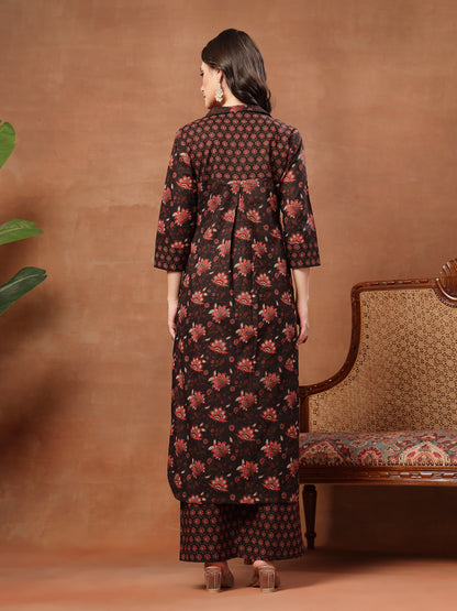 Straight Printed Cotton Shirt Collar Kurta Set