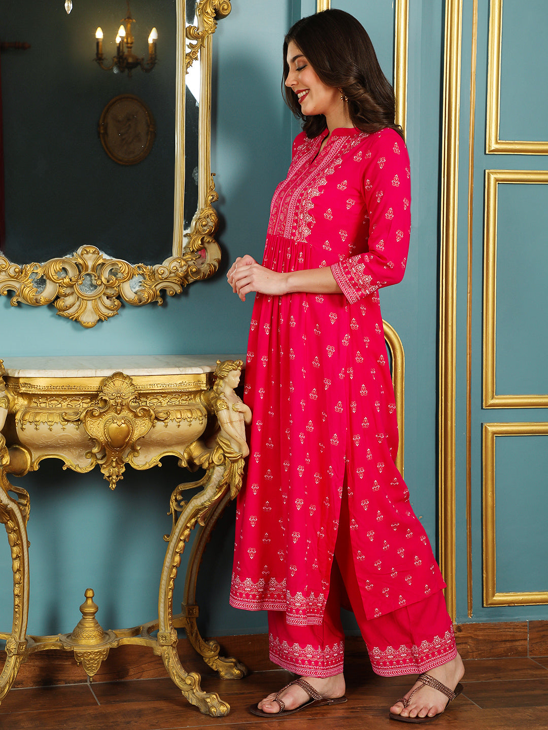Rayon Calf Length Printed Flared 3/4 Sleeves Mandarin Neck Kurta Bottom Dupatta Set (Preorder)