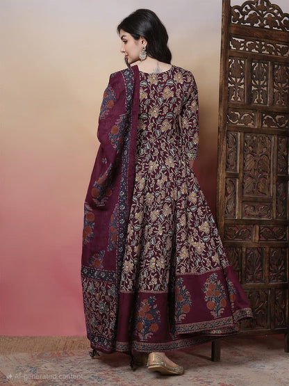 Cotton Calf Length Printed 3/4 Sleeves Round Neck Anarkali Kurta Bottom With Dupatta
