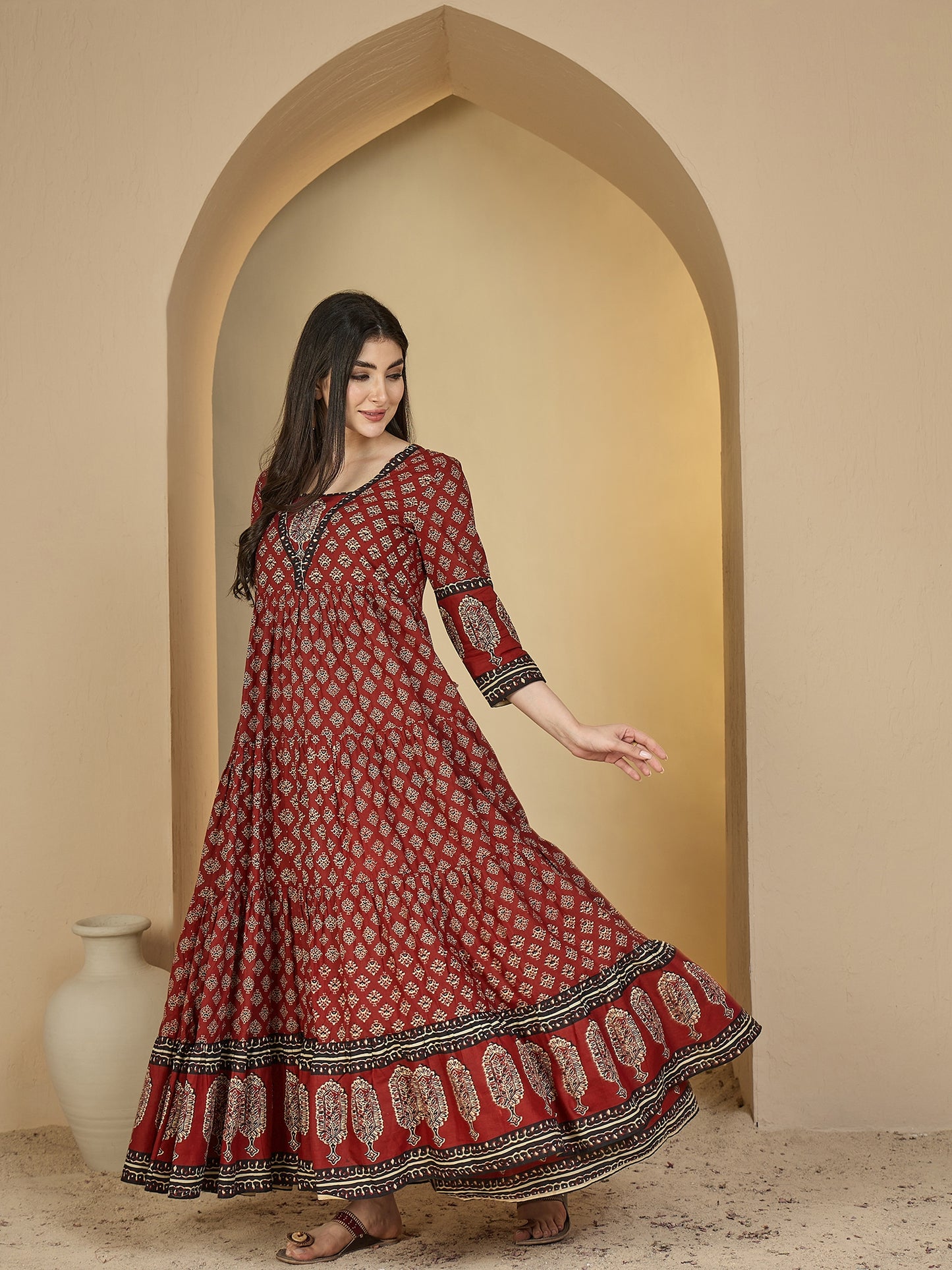 Cotton Ankle Length Printed 3/4 Sleeves V-Neck Anarkali Kurta