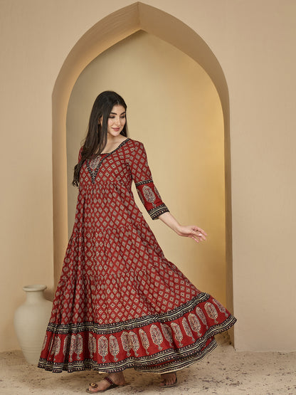 Cotton Ankle Length Printed 3/4 Sleeves V-Neck Anarkali Kurta