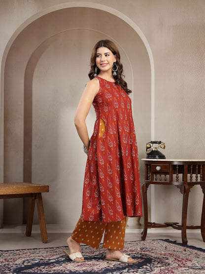 Flared Printed Cotton Round Neck Kurta Set