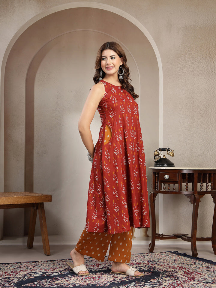 Flared Printed Cotton Round Neck Kurta Set