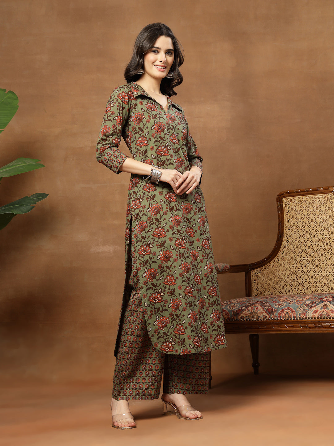 Straight Printed Cotton Shirt Collar Kurta Set