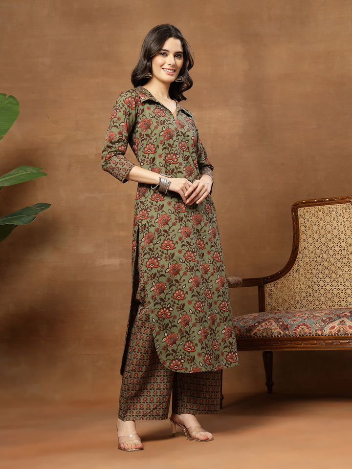 Straight Printed Cotton Shirt Collar Kurta Set