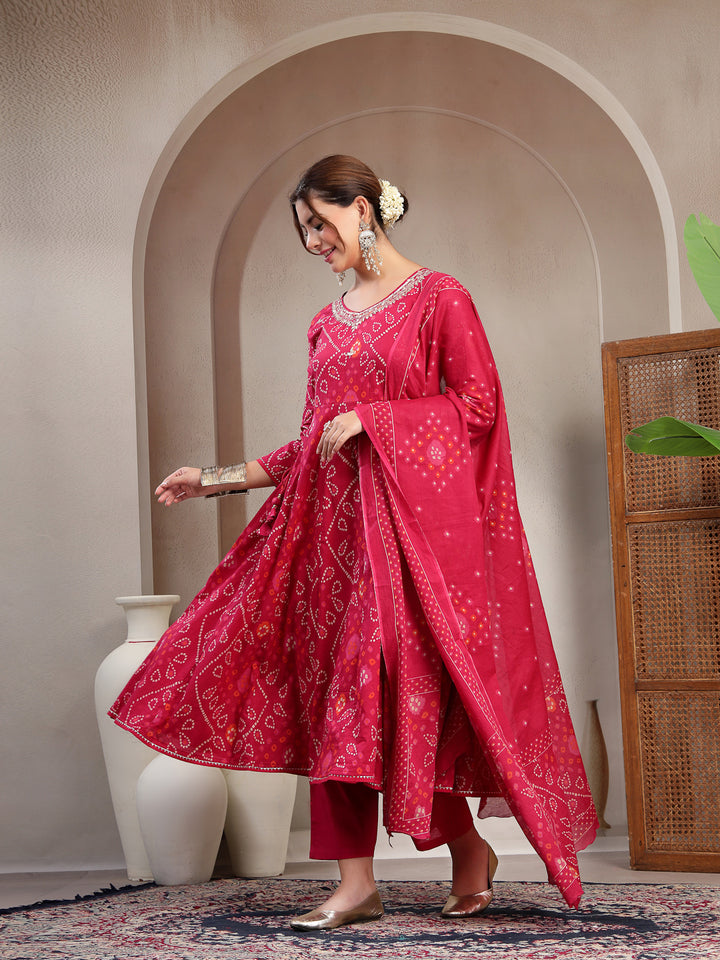 Flared Printed Cotton V-Neck Kurta Set With Dupatta