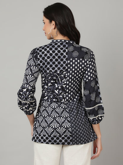 Dark Blue Printed V Neck  Top