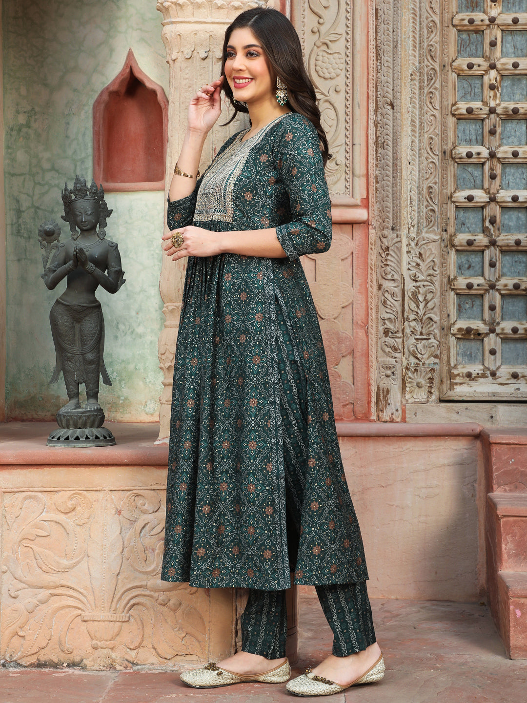 Rayon  Calf Length Printed Semi-Flared 3/4 Sleeves Round Kurta Bottom Dupatta Set
