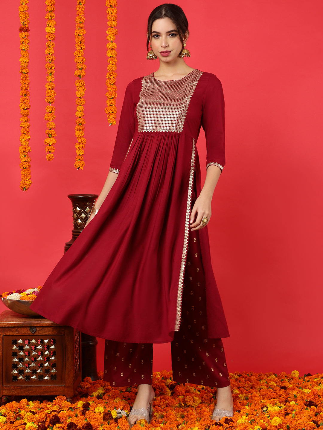 Rayon Calf Length Solid Flared 3/4 Sleeves Round Neck Kurta Bottom Dupatta Set (Preorder)