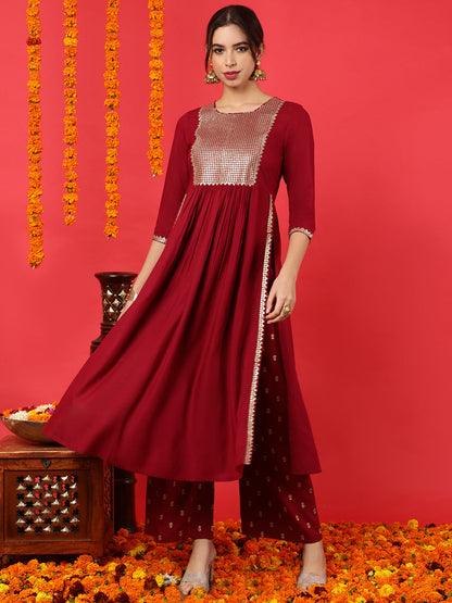 Rayon Calf Length Solid Flared 3/4 Sleeves Round Neck Kurta Bottom Dupatta Set (Preorder)