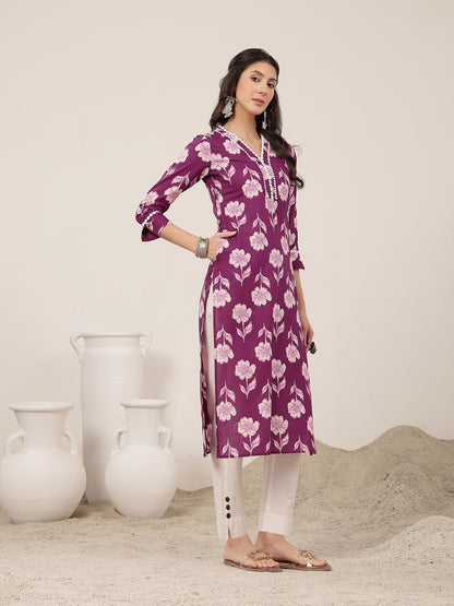 Cotton Calf Length Printed 3/4 Sleeves V-Neck Kurta