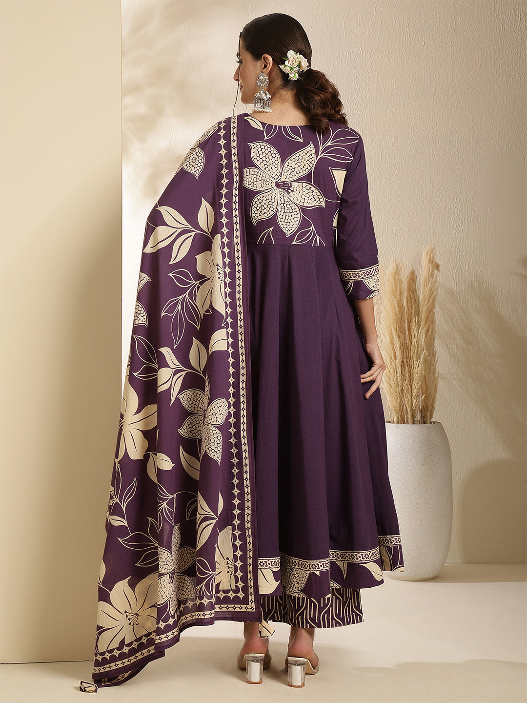 Cotton Calf Length Printed 3/4 Sleeve V-Neck Anarkali Kurta Bottom With Dupatta