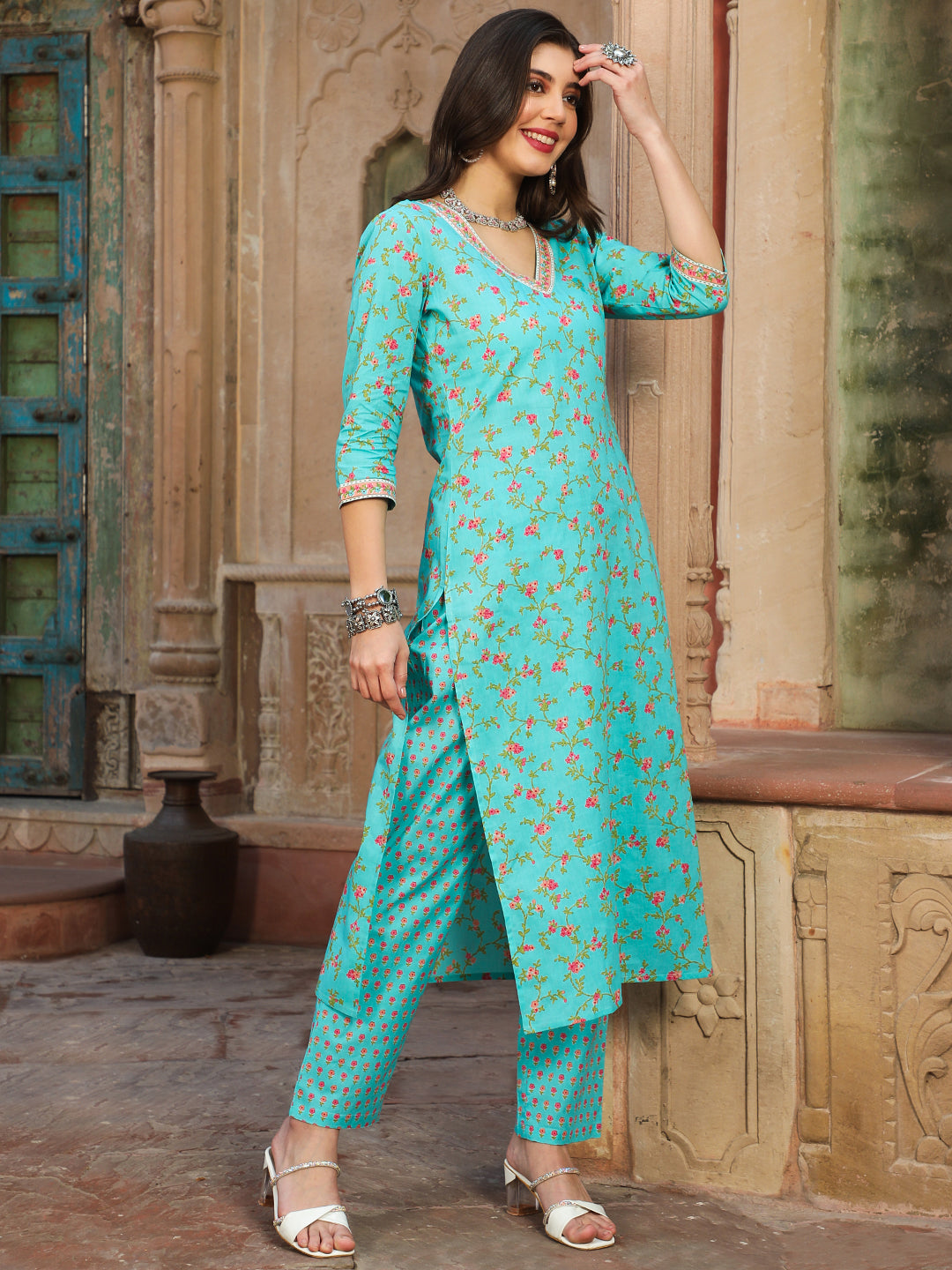 Cotton Calf Length Printed Straight 3/4 Sleeves V-neck Kurta Bottom Dupatta Set (Preorder)