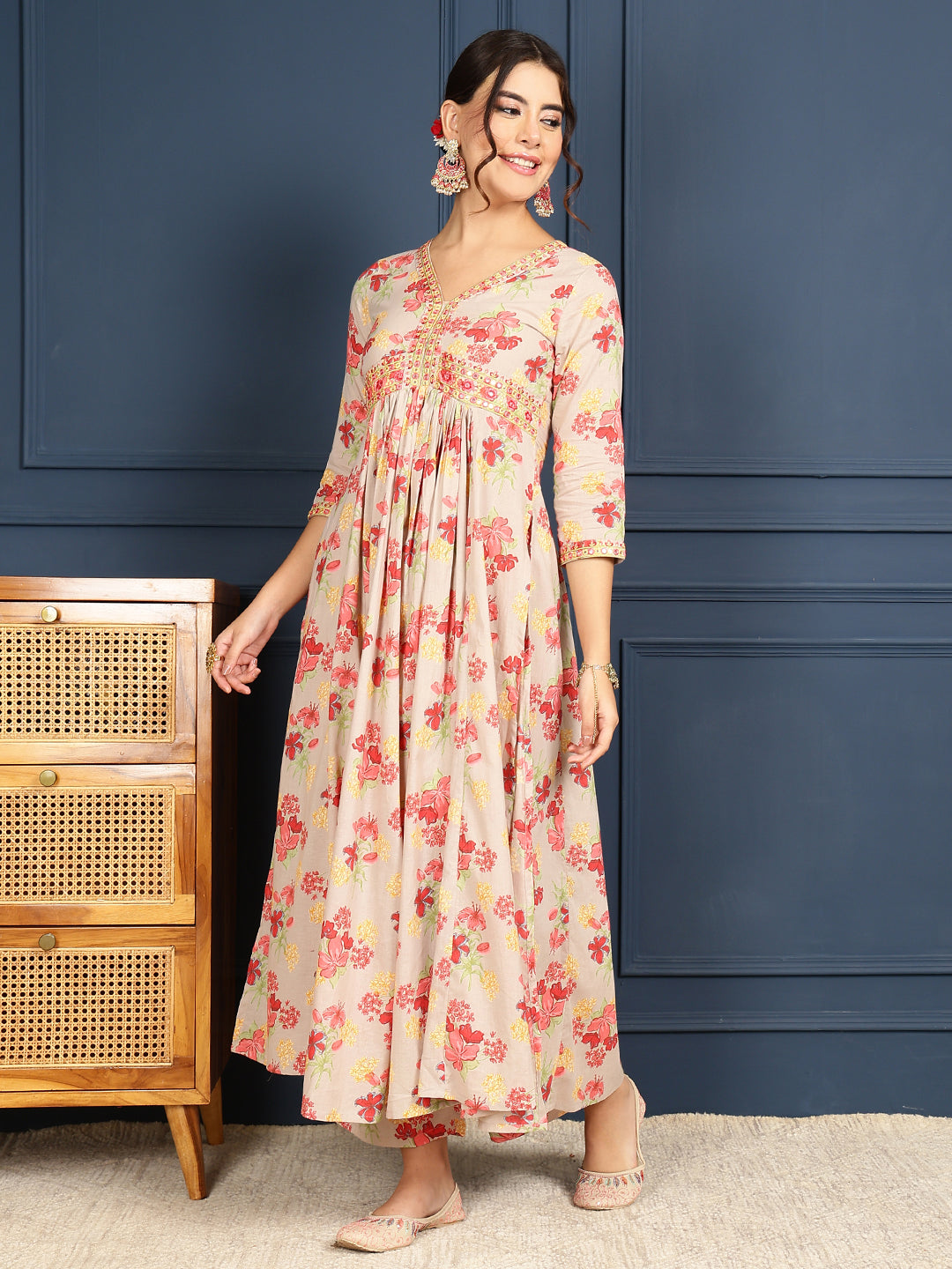 Rayon Calf Length Printed Flared 3/4 Sleeves V-Neck Kurta Bottom Set (Preorder)