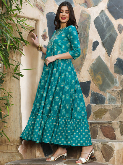 Rayon Ankle Length Printed Flared 3/4 Sleeves Round Neck Kurta