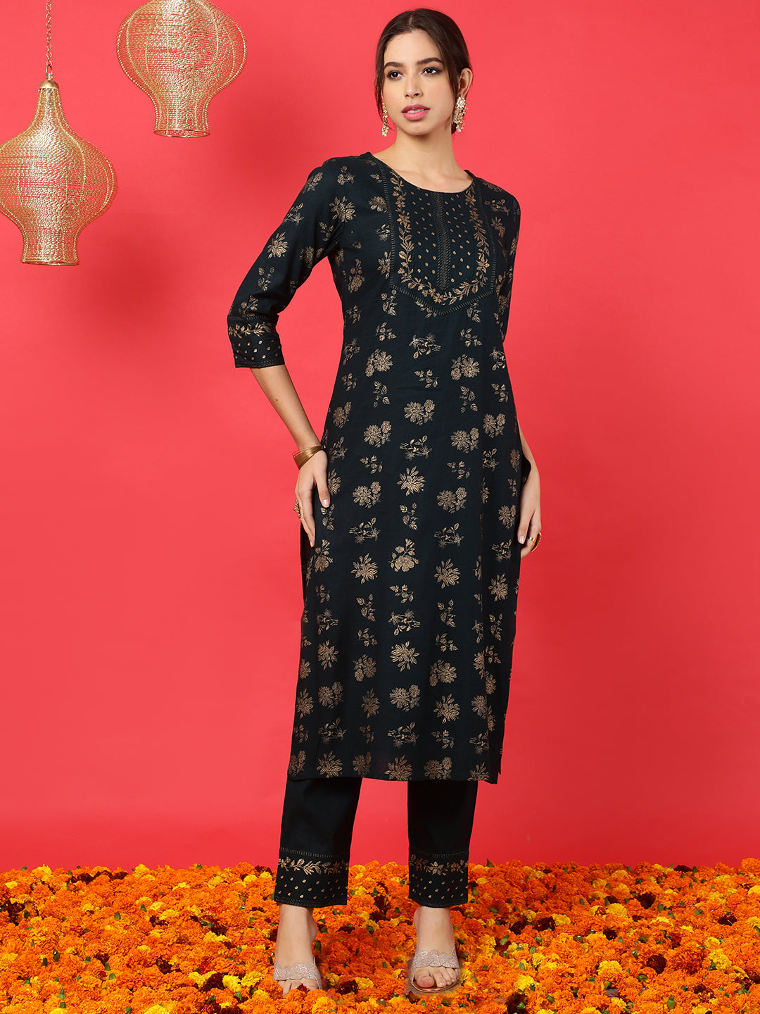 Rayon Calf Length Printed Straight 3/4 Sleeves Round Neck Kurta Bottom Dupatta Set (Preorder)