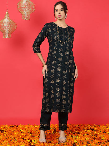 Rayon Calf Length Printed Straight 3/4 Sleeves Round Neck Kurta Bottom Dupatta Set (Preorder)