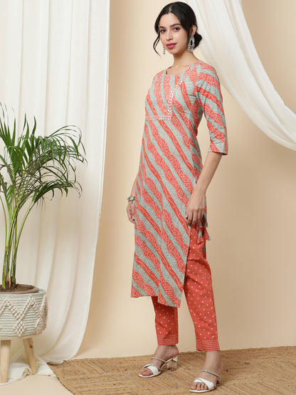 Cotton  Calf Length Printed Straight 3/4 Sleeves Round Kurta Bottom Dupatta Set