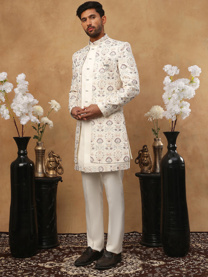 Men Cream Embroidered Indo-Western Set