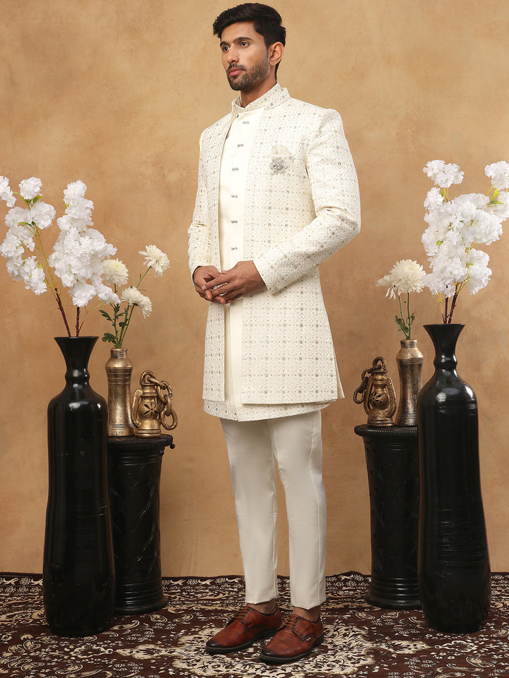 Men Cream Embroidered Indo-Western Set