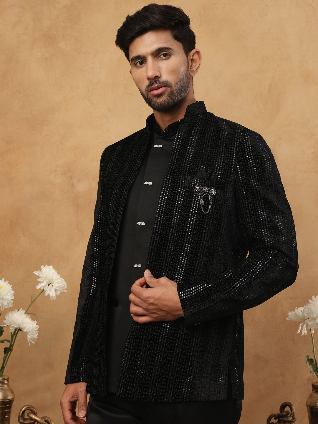 Men Black Velvet Indo-Western Set With Embroidery