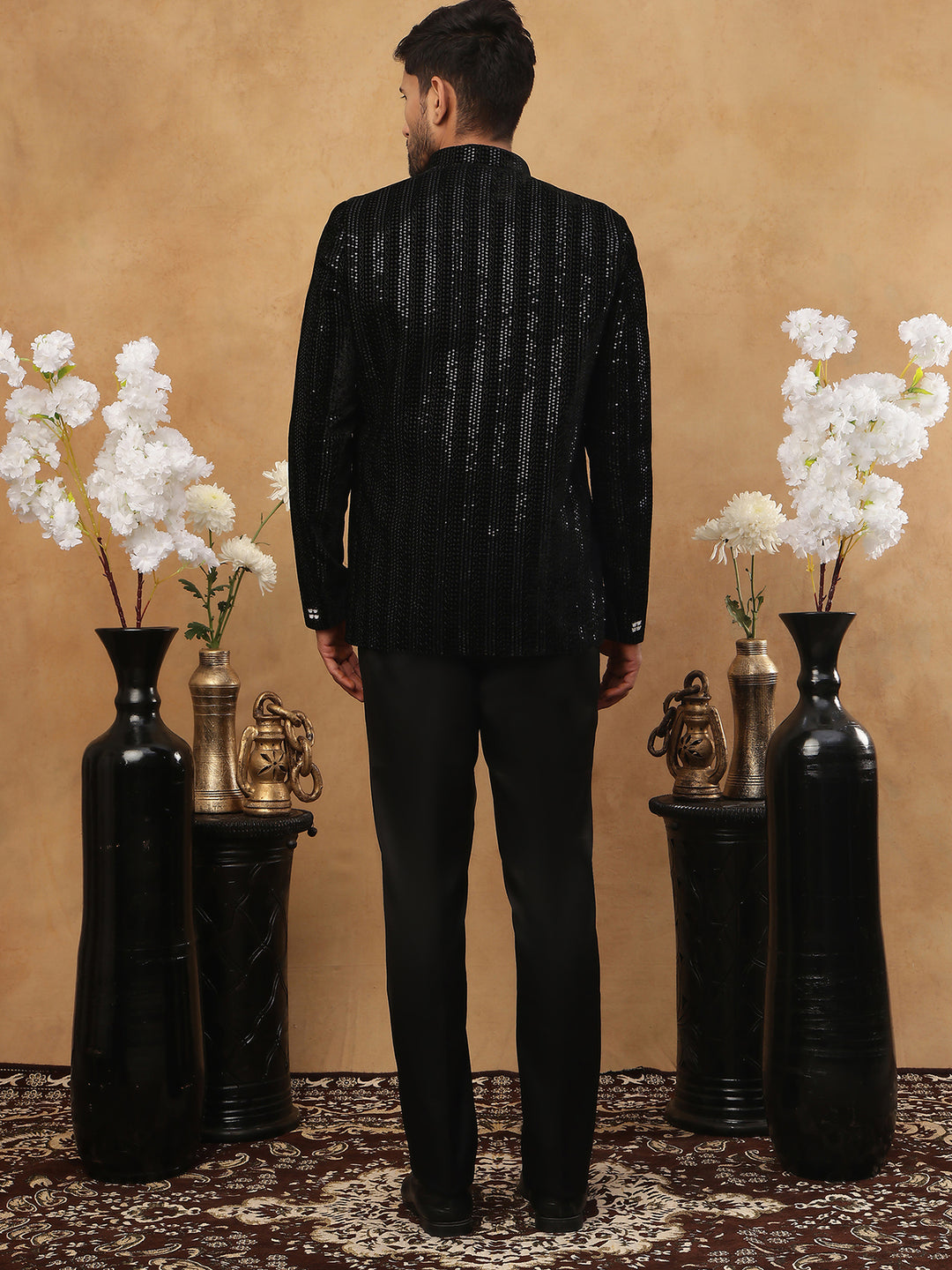Men Black Velvet Indo-Western Set With Embroidery