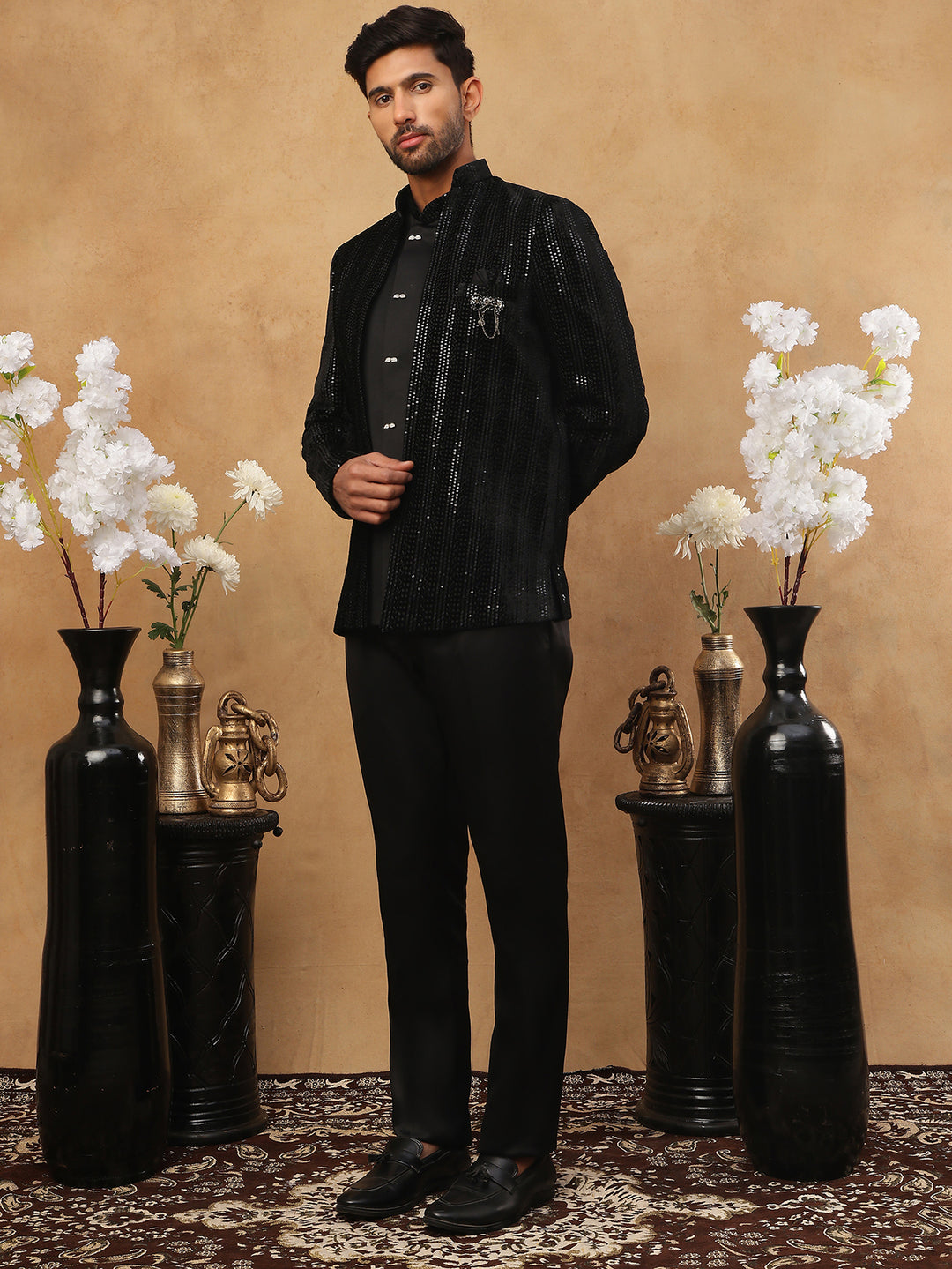 Men Black Velvet Indo-Western Set With Embroidery