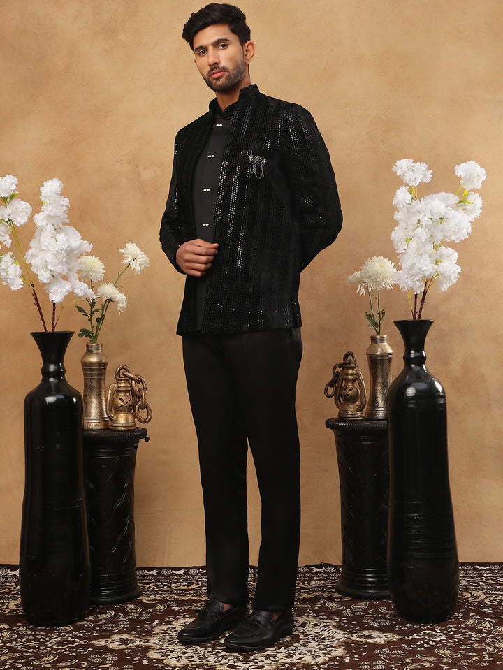 Men Black Velvet Indo-Western Set With Embroidery
